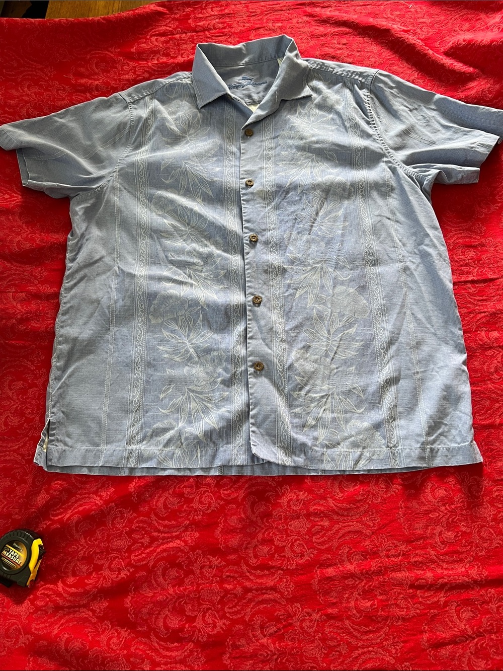 Tommy Bahama Light Blue Silk Camp Shirt Men's XL Embroidered Floral Hawaiian